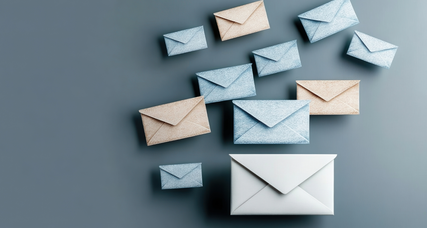 Blue, beige, and white envelopes arranged on a gray-blue background.