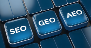 Three blue keyboard keys labeled SEO, GEO, and AEO.