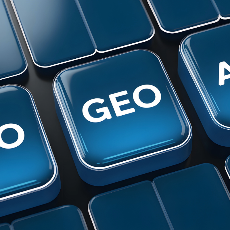 Three blue keyboard keys labeled SEO, GEO, and AEO.