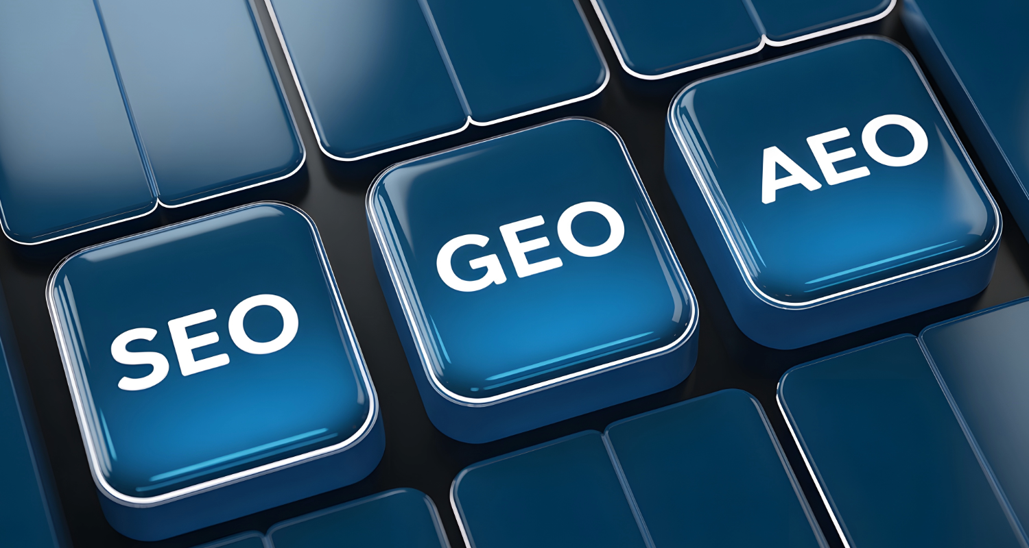Three blue keyboard keys labeled SEO, GEO, and AEO.